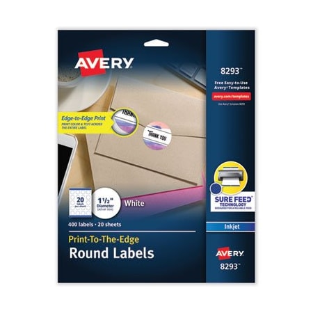 Avery, VIBRANT INKJET COLOR-PRINT LABELS W/ SURE FEED, 1 1/2in DIA, WHITE, 400PK